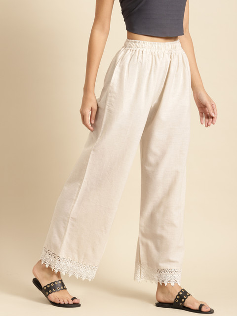 TAG 7 Women Off-White Solid Hem Design Straight Palazzos - Image 2