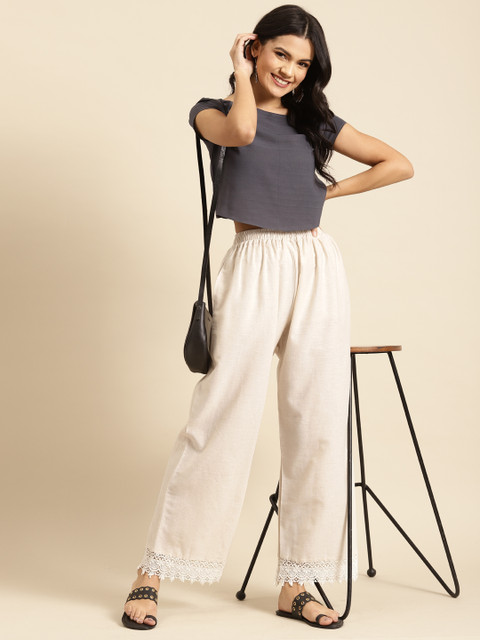 TAG 7 Women Off-White Solid Hem Design Straight Palazzos - Image 4