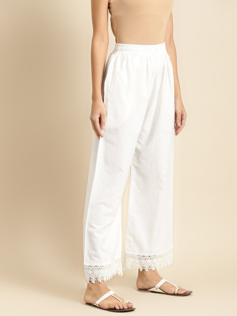 TAG 7 Women White Solid Hem Design Straight Palazzos - Image 2