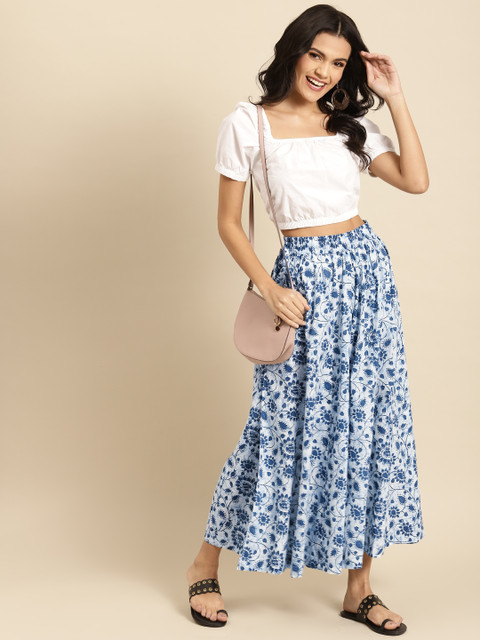 TAG 7 Women White & Blue Printed Pure Cotton Flared Palazzos