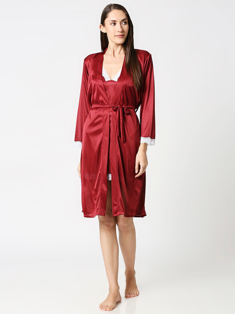 AV2 Maroon & White Solid Nightdress with Robe