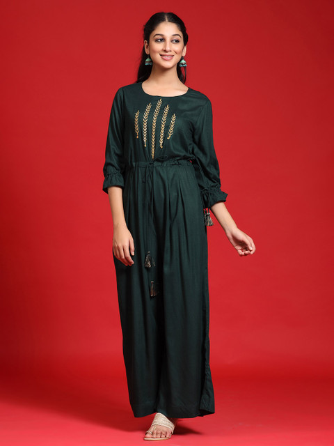 Juniper Women Green Embroidered Basic Jumpsuit with Gather detail