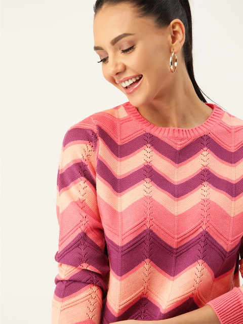 DressBerry Women Peach-Coloured & Purple Chevron Striped Pullover