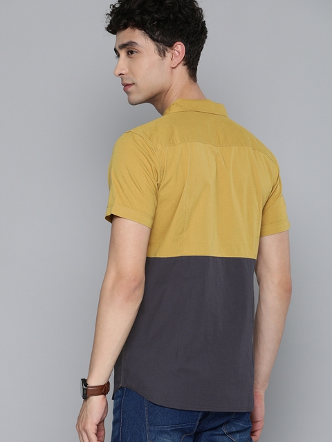 HERE&NOW Men Mustard Yellow & Grey Slim Fit Colourblocked Casual Shirt