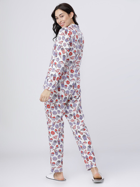 Tokyo Talkies Women White & Purple Printed Night Suit - Image 3