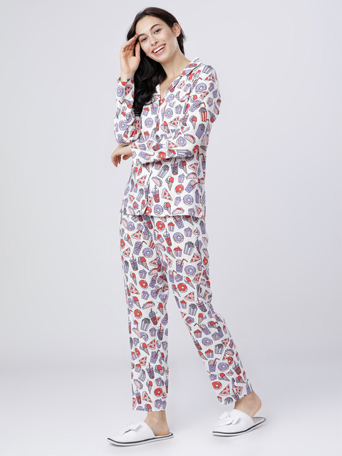Tokyo Talkies Women White & Purple Printed Night Suit - Image 4