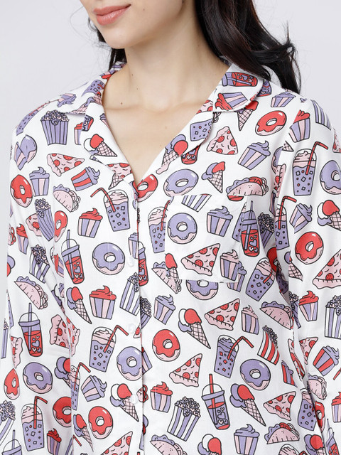 Tokyo Talkies Women White & Purple Printed Night Suit - Image 5
