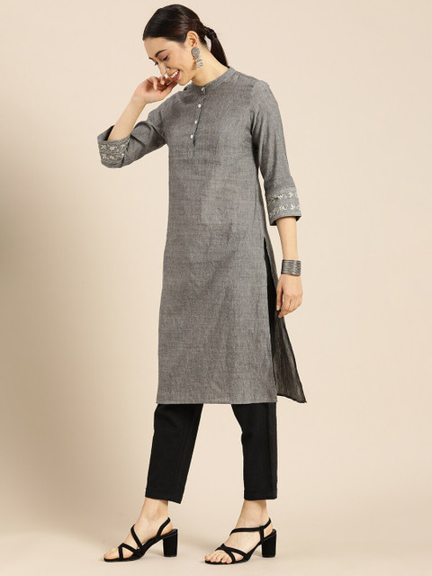 Anouk Women Grey Thread Work Kurta - Image 3