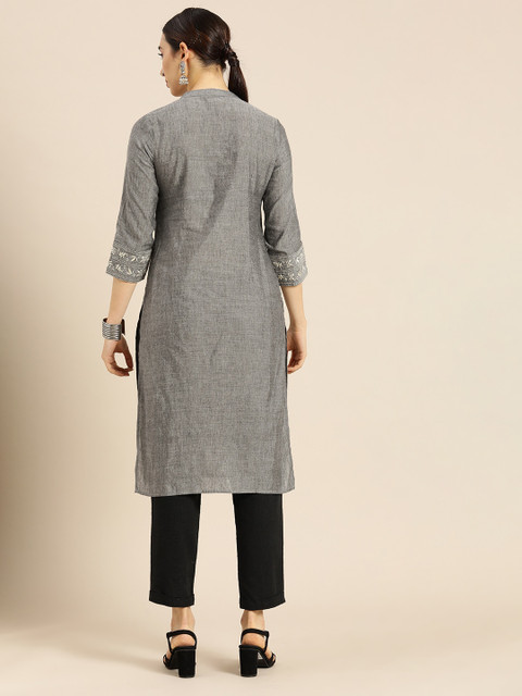 Anouk Women Grey Thread Work Kurta - Image 4