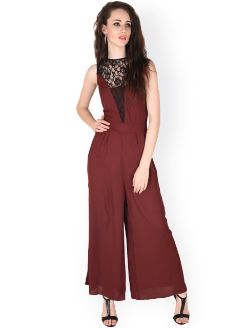 Women's Lace Neck Maroon Palazzo Jumpsuit