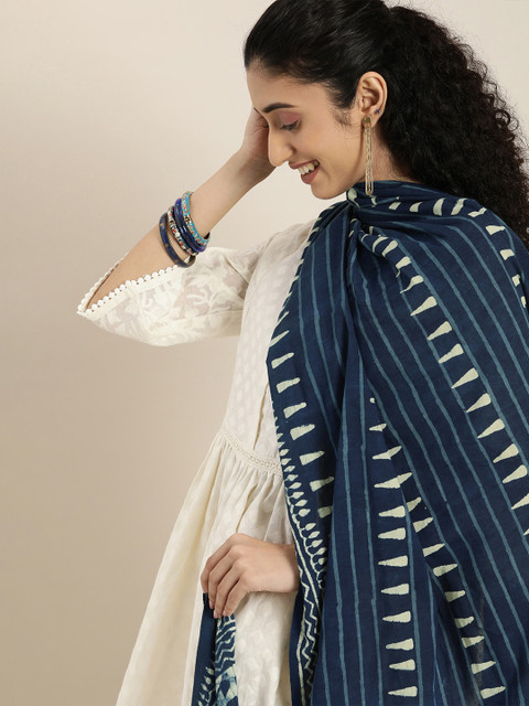 Taavi Navy Blue & Off White Indigo Hand Block Printed Pure Cotton Dupatta