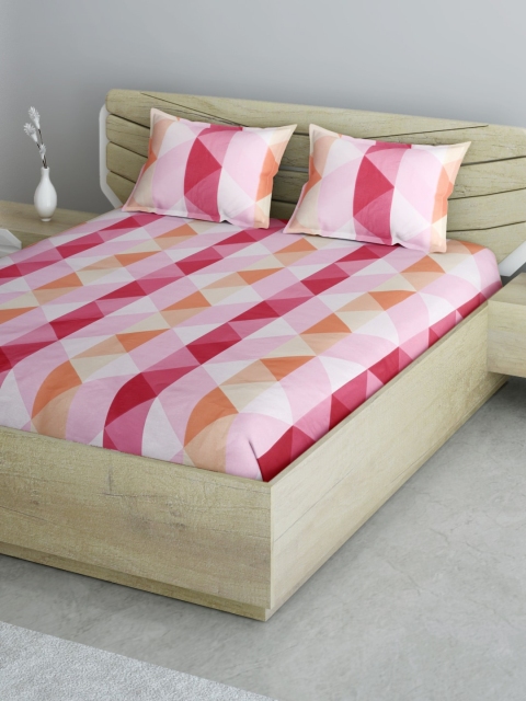 Aura Pink & Orange Cotton Geometric 144 TC Double Queen Bedsheet with 2 Pillow Covers