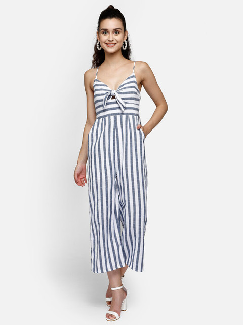 Aditi Wasan Women White & Grey Striped Basic Jumpsuit