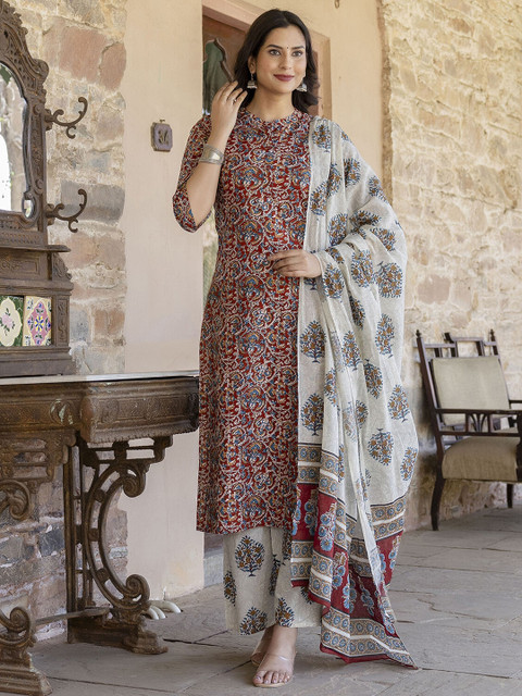 Nayo Women Maroon & Cream-Coloured Printed Kurta with Palazzos & Dupatta