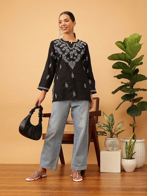 ADA Women Plus Size Black & White Chikankari Hand Embroidered Straight Kurti - Image 5