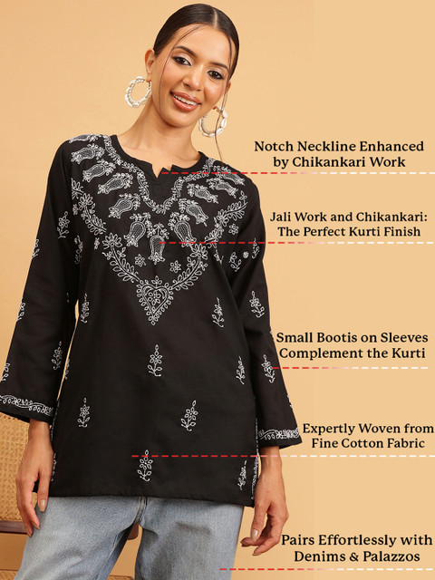 ADA Women Plus Size Black & White Chikankari Hand Embroidered Straight Kurti - Image 6