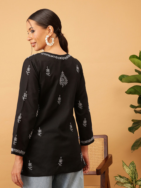 ADA Women Plus Size Black & White Chikankari Hand Embroidered Straight Kurti - Image 4