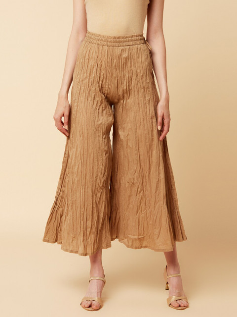 Varanga Women Beige Solid Cotton Flared Palazzos