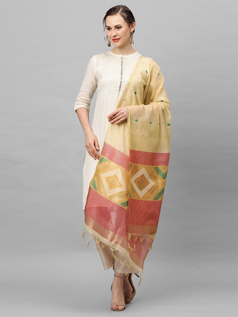Indo Era Cream-Coloured & Pink Woven Design Dupatta