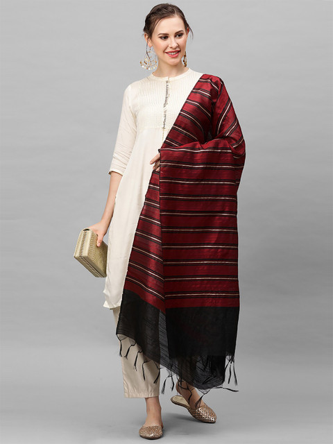 Indo Era Black & Maroon Striped Dupatta