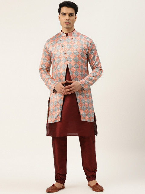 SOJANYA Men Maroon & Peach Printed Kurta Pyjama & Sherwani Set