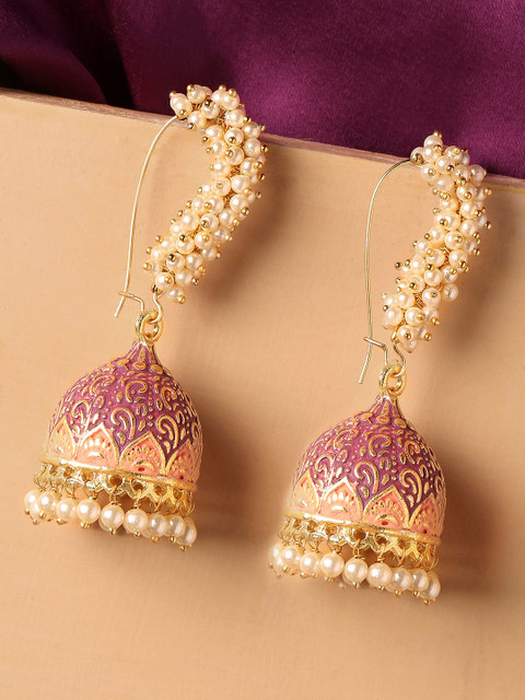OOMPH Gold-Toned & Pink Meenakari Enamel Pearls Ethnic Jhumka