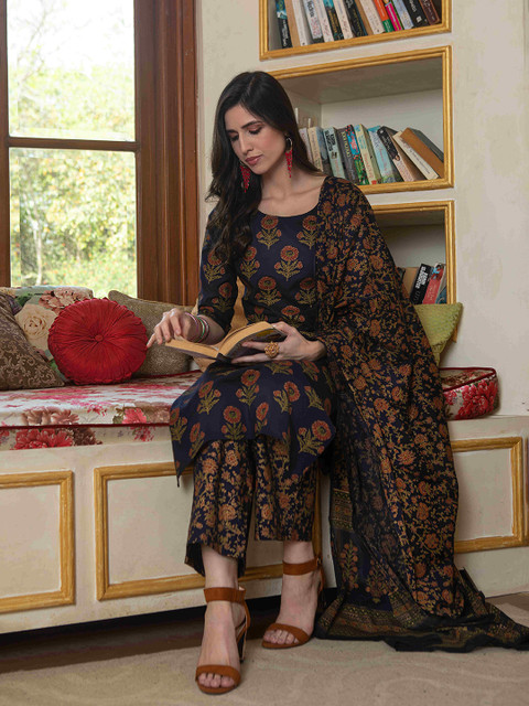 Nayo Women Blue Floral Pure Cotton Kurta with Trousers & With Dupatta