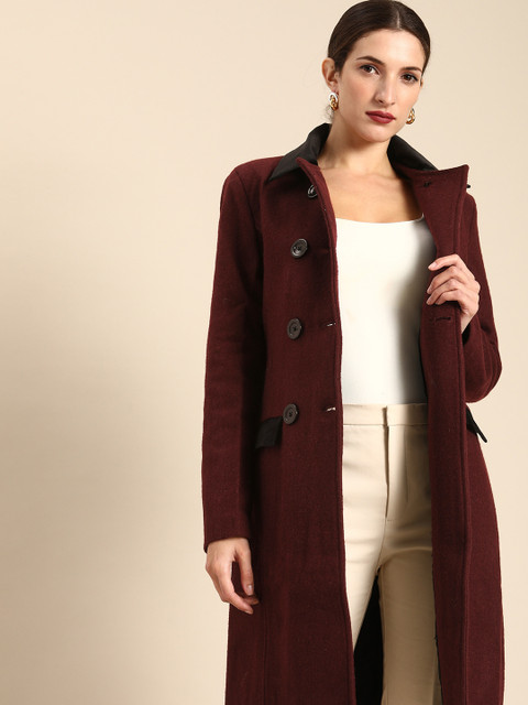 all about you Women Maroon Contrast Collar Trench Coat