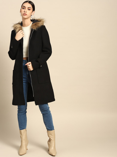 all about you Women Black Faux Fur Detailed Longline Overcoat