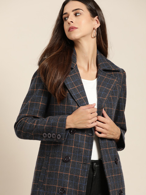 all about you Women Charcoal Checked Trench Coat