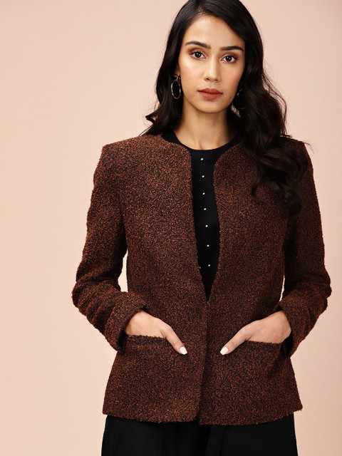 all about you Women Brown Boucle Open Front Jacket