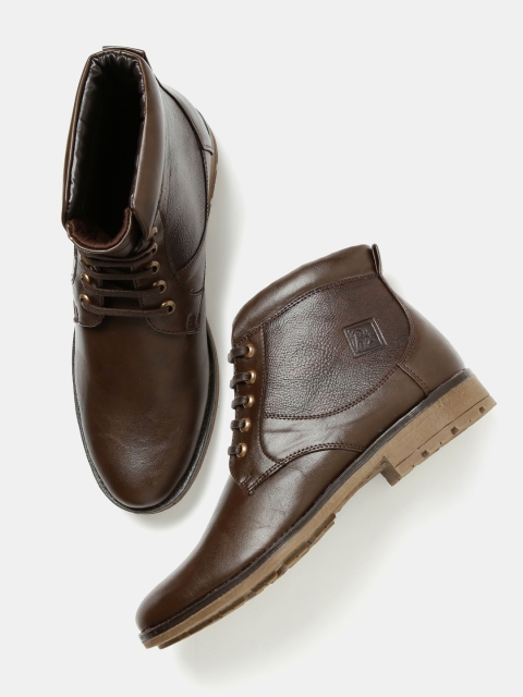 Men Brown Solid High-Top Flat Boots