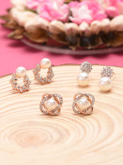Zaveri Pearls Pack of 3 Gold-Toned Contemporary Studs