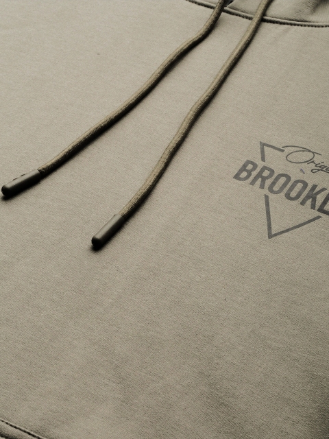 HERE&NOW Men Khaki Printed Hooded Sweatshirt - Image 2