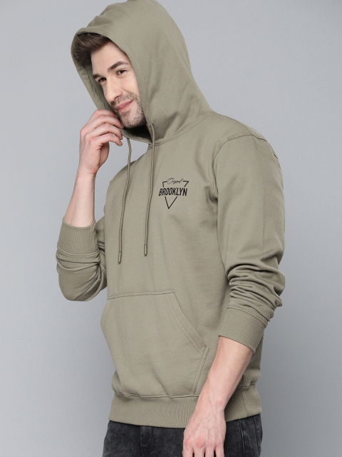HERE&NOW Men Khaki Printed Hooded Sweatshirt - Image 3