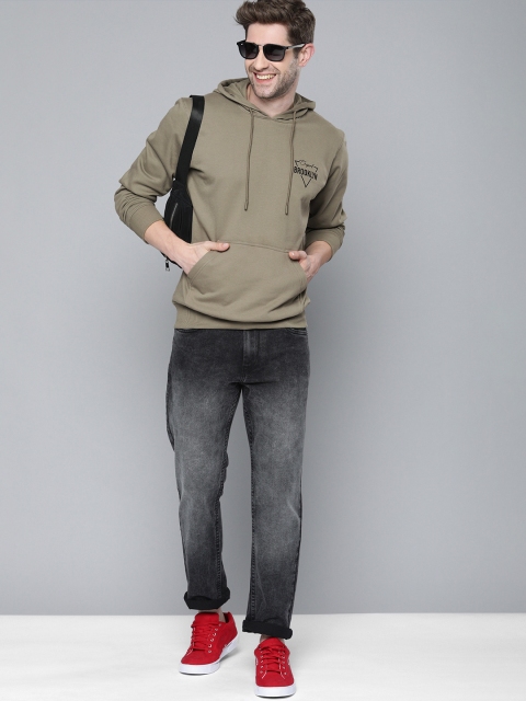 HERE&NOW Men Khaki Printed Hooded Sweatshirt - Image 5