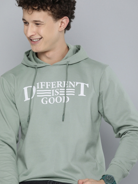 HERE&NOW Men Green Printed Hooded Sweatshirt