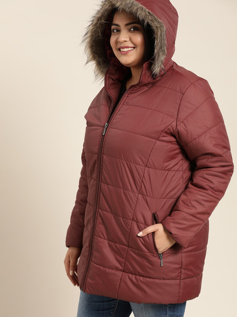 Sztori Women Plus Size Maroon Solid Detachable Hood Longline Parka Jacket - Image 4