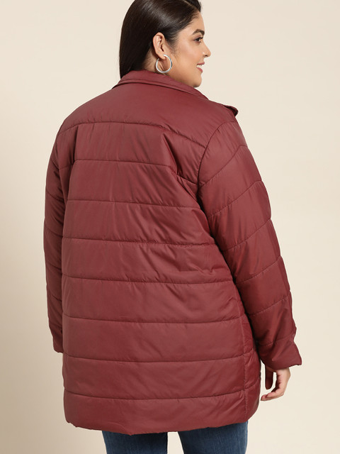 Sztori Women Plus Size Maroon Solid Detachable Hood Longline Parka Jacket - Image 5