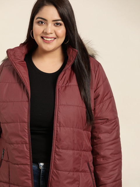 Sztori Women Plus Size Maroon Solid Detachable Hood Longline Parka Jacket - Image 2