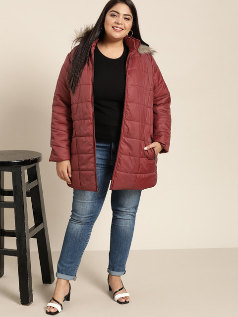 Sztori Women Plus Size Maroon Solid Detachable Hood Longline Parka Jacket - Image 6