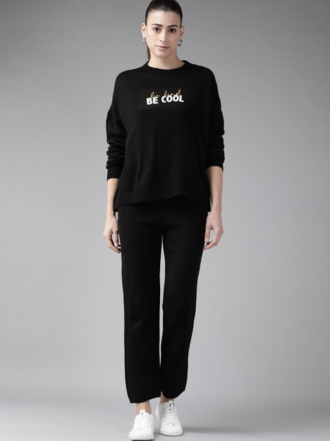 Roadster Women Black Printed Sweaters with Pyjamas