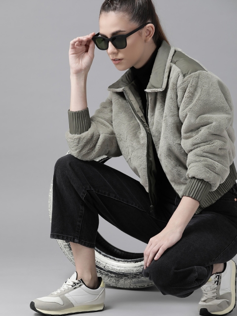 Roadster Women Olive Green Solid Faux Fur Bomber Jacket - Image 5