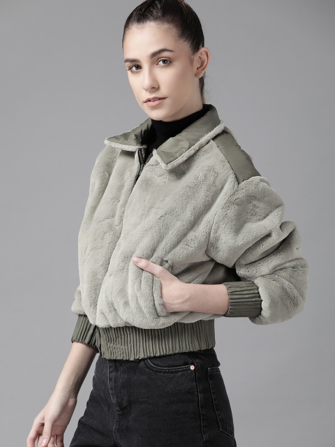 Roadster Women Olive Green Solid Faux Fur Bomber Jacket - Image 3