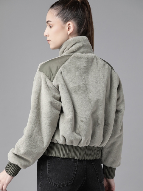 Roadster Women Olive Green Solid Faux Fur Bomber Jacket - Image 4