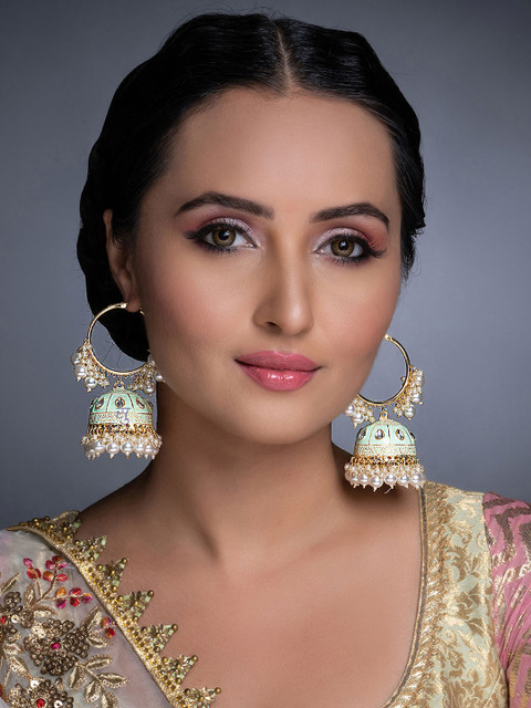 Sukkhi Lime Green Gold-Plated Meenakari Dome Shaped Jhumkas