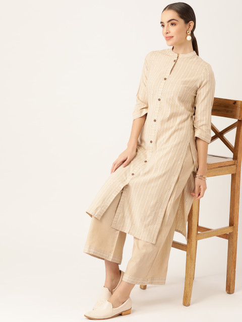 Anouk Women Beige Cotton Striped Kurta with Palazzos