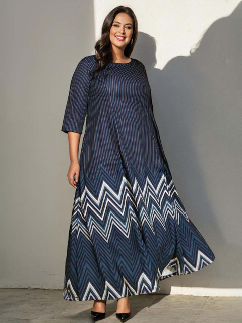Amydus Women Plus Size Blue Striped A-Line Maxi Dress