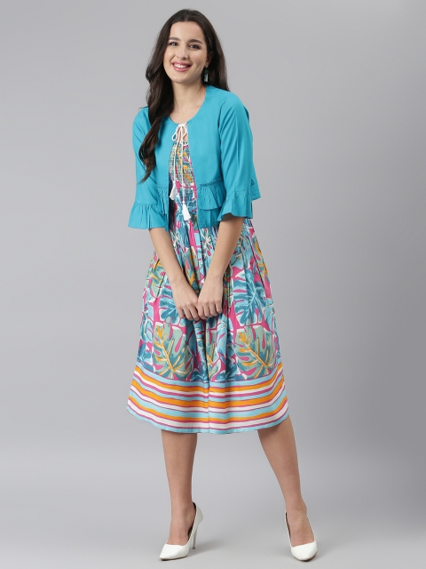 DEEBACO Turquoise Blue Tropical Printed Smocked Fit & Flare Dress With Shrug