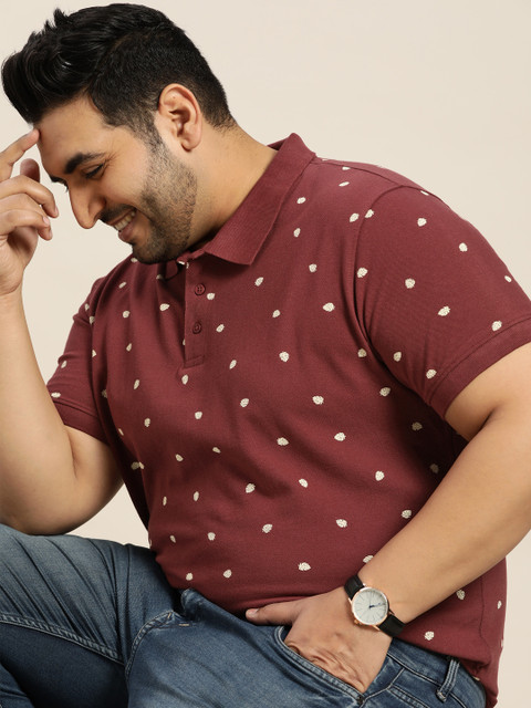 Sztori Plus Size Men Maroon Floral Printed Pure Cotton Polo Collar T-shirt